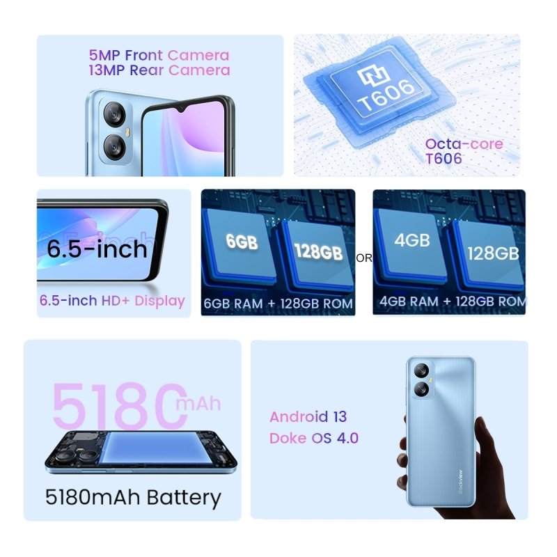 Wholesale Blackview A52 Pro 4GB+128GB 6.52 Inch Android 13 Unisoc T606 Octa Core 1.6GHz Fingerprint 4G OTG 3G&4G Smartphone